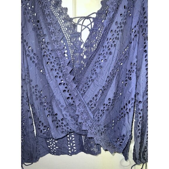 BARDOT Cotton Eyelet Embroidered Open Back Front Tie Long Sleeve Blouse - Picture 9 of 13